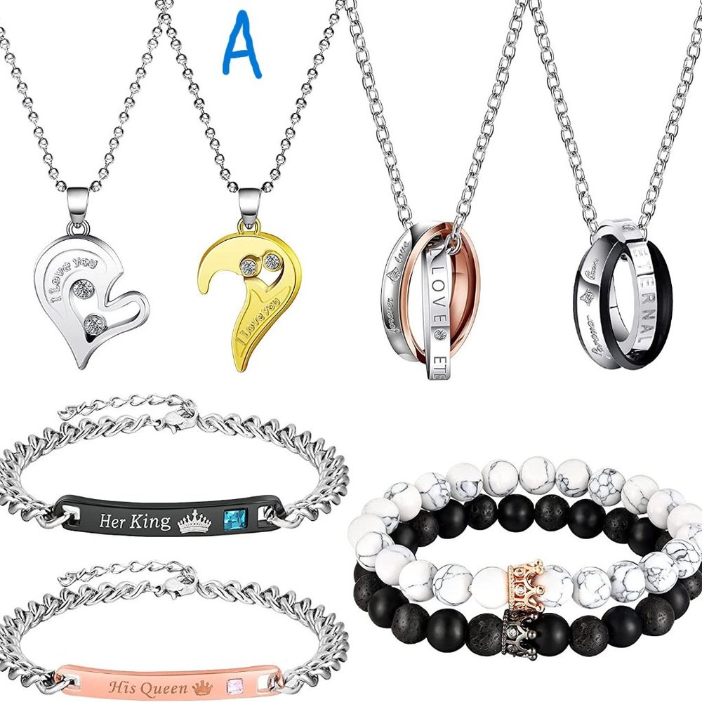 New 8 Pieces Couples Necklace Bracelet Matching Bracelets Set for Women Men